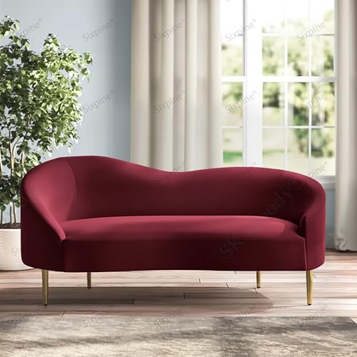 Image of Rosewood Luxury Curved Sofa in Premium Velvet-Fabric | Solid Wood Structure | High Density Foam | Sturdy Golden Legs | Comfortable & Stylish Couch for Modern Living Room (Red Wine, 2 Seater)