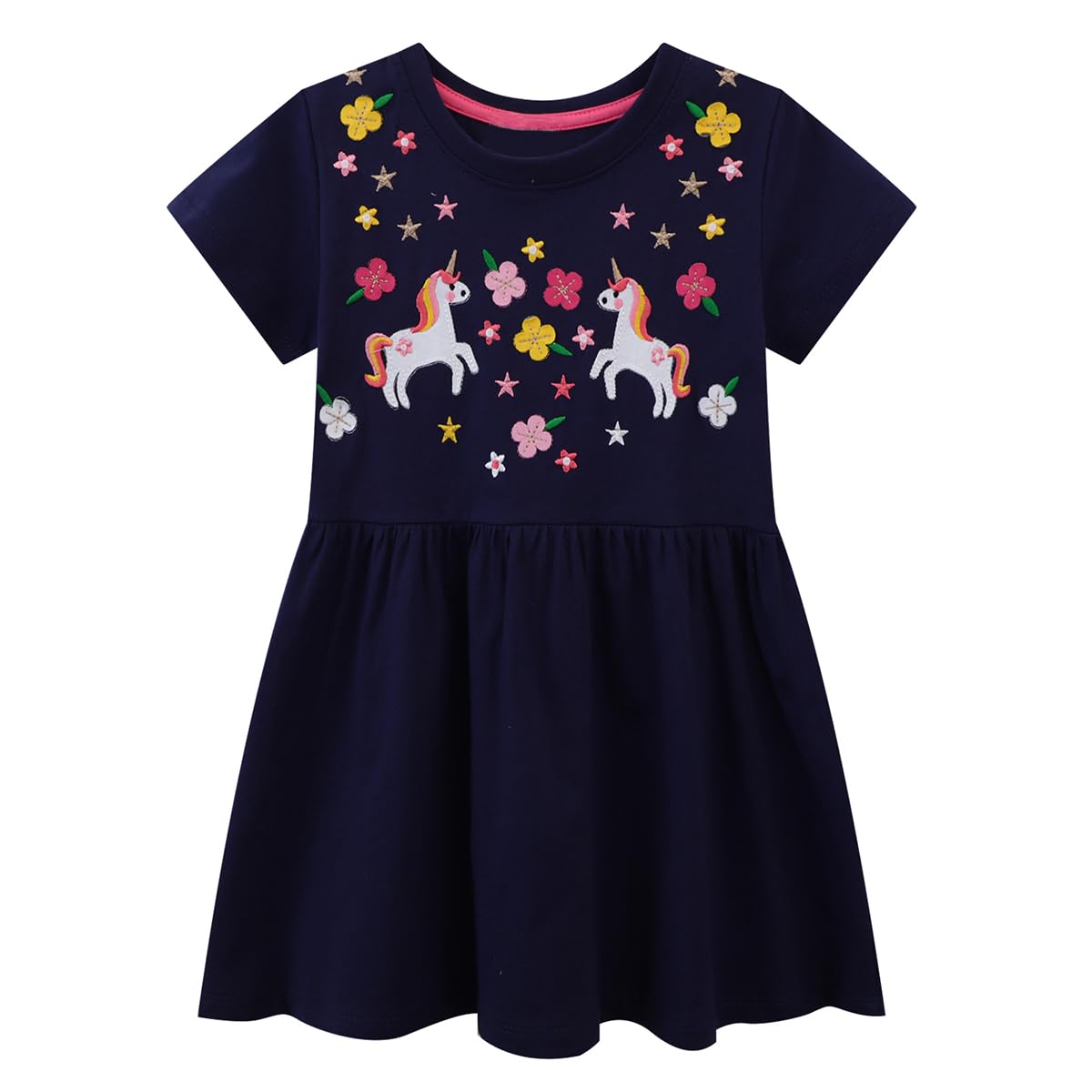 Little Girls Dress Casual Cotton Kids Unicorn Appliques Striped Jersey Dress 2-7 Years