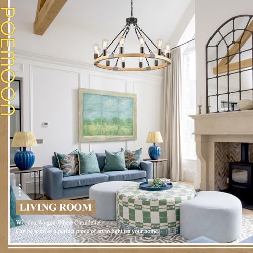 Image of Natural Wooden Wagon Wheel Chandelier 12-Light 31.5 inch Light Fixture