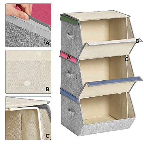 SONGMICS Aufbewahrungsboxen, 3er Set, Faltboxen, Stoffboxen mit Griffen, Organizer, magnetischer Deckel, für Kinderzimmer, Spielzimmer, Tier-Motive, rosa, blau, grün und grau RFB760P01