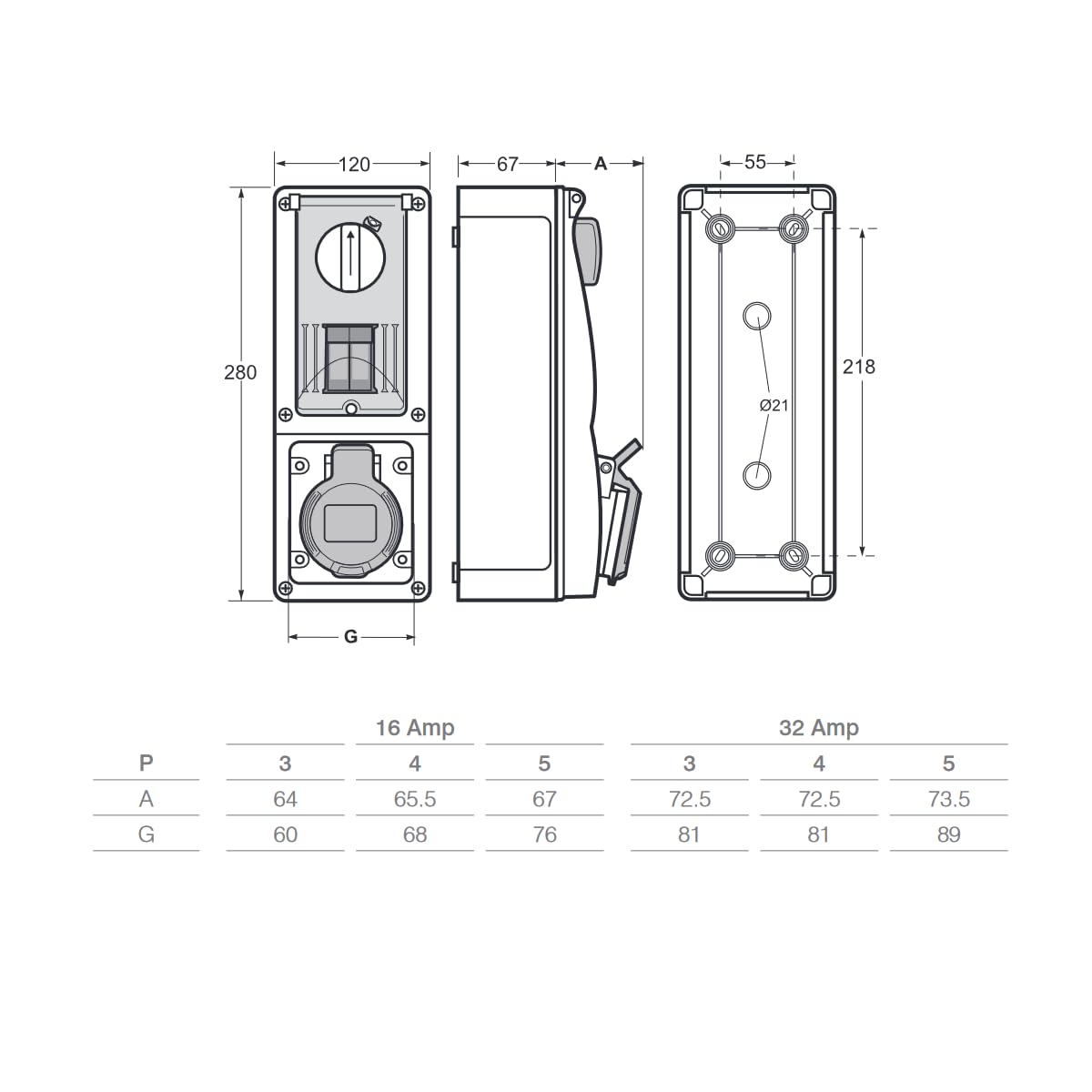Pionowe gniazdo wtykowe z wyłącznikiem, z przełącznikiem, montowane na ścianie, dolne, uchwyt bezpiecznika, 380 V, 415 V, 5-biegunowe, 3P+N+T, 16A, IP54, do użytku wewnętrznego