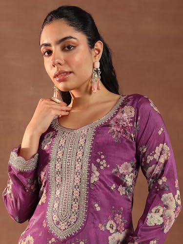Image of Libas Womens Printed Silk Blend Straight Kurta With Palazzos and Dupatta | daily wear suit