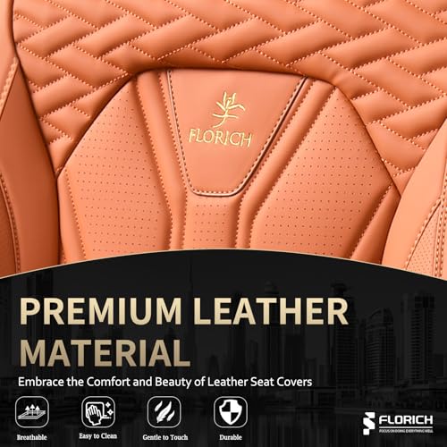 Image of FLORICH Seat Covers, Leather Car Seat Covers Front Seats, Automotive Seat Covers Waterproof Car Seat Cushion Orange Seat Cover Protector Universal Fit for Most Cars Trucks SUVs
