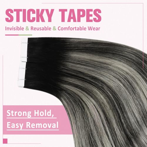 Image of YoungSee 20inch Tape in Silver Hair Extensions Balayage Black to 50g 20pcs Real Ombre 1.7637 Ounce