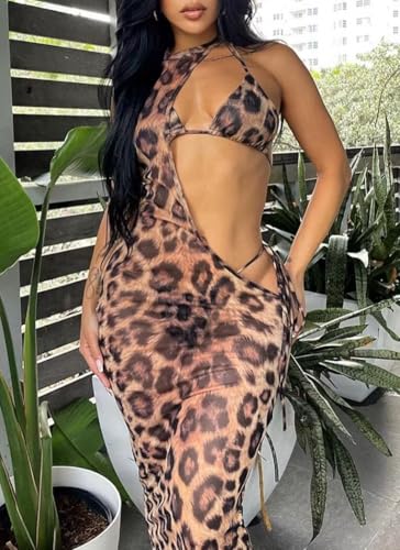 Ryehack Sexy 3 Piece Swimsuits for Women Bikini Sets and Cover Up Cutout Sleeveless Halter Sheer Mesh Maxi Dress2