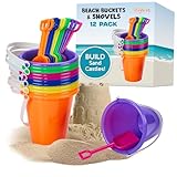 Beach Pail and Shovel Toy Set for Toddler 1-3 Includes 6.75 Inch Colorful Plastic Beach Buckets and Shovels for Sand Castle Building, Party Favors Decoration for Boys Girls Sandbox Toys (12 Pack)