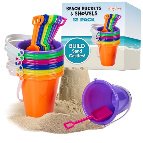 Beach Pail and Shovel Toy Set for Toddler 1-3 Includes 6.75 Inch Colorful Plastic Beach Buckets and Shovels for Sand Castle Building, Party Favors Decoration for Boys Girls Sandbox Toys (12 Pack)