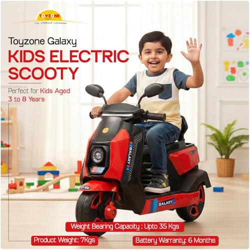 Image of Toyzone Galaxy Kids Electric Scooty (Red) | 6V 4.5Ah Battery Rechargeable Scooter | Music & Colourful LED Lights | Smooth Acceleration | 6 Months Battery Warranty | for Kids 3-8 Years, Upto 35 Kgs