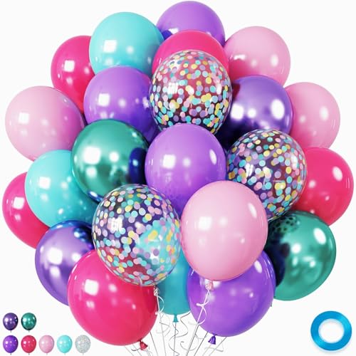 Image of Hot Pink and Purple Balloons, 12 Inch Purple Pink Teal Blue Mermaid Balloons, Metallic Purple Green Confetti Balloons for Girls Under The Sea Party Balloons Pink and Purple Birthday Decorations