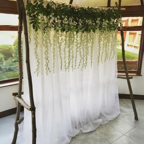 Image of Shimmers Wedding Decoration Kit Set of 14 - White Net Curtains 8x4 Ft, Artificial Wisteria Flowers & Money Plant Strips with Ribbon & Hooks for Mehndi, Ganpati Decoration Backdrop Decor