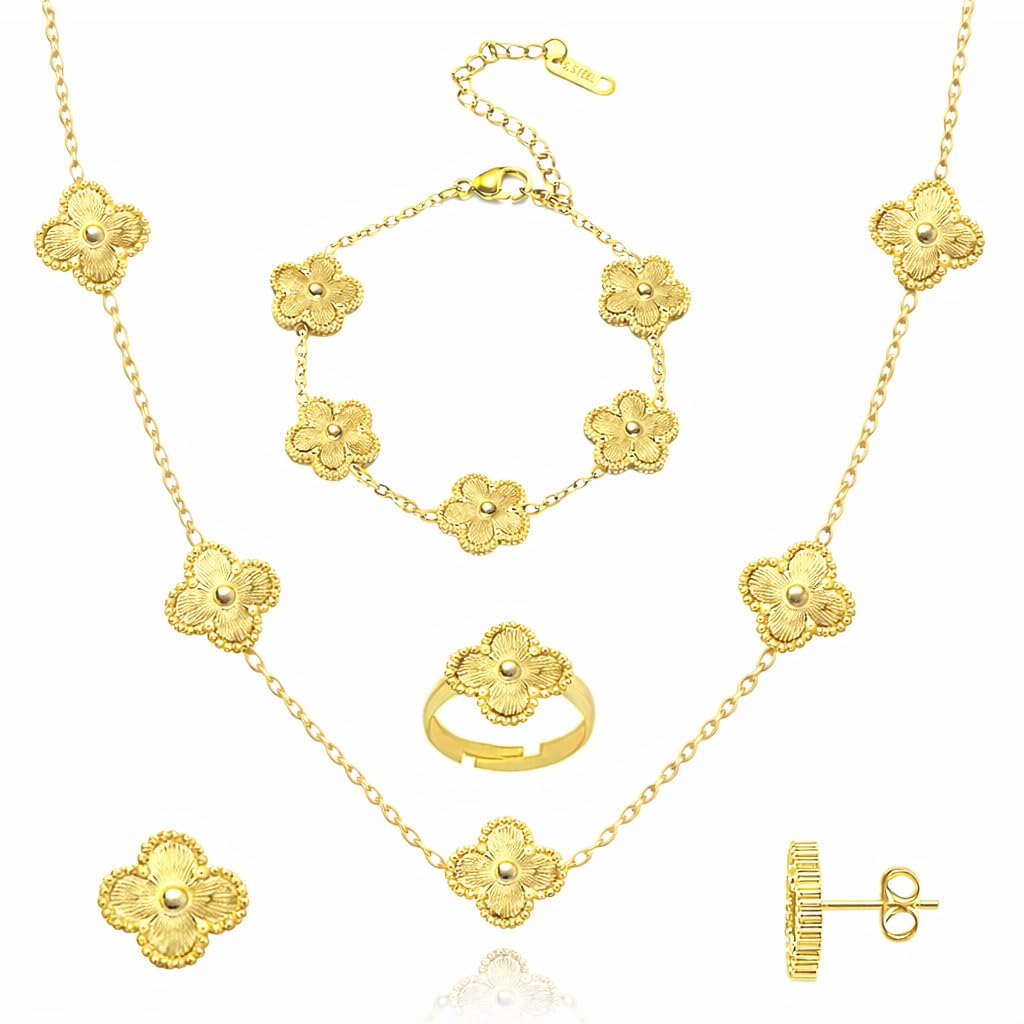 Gold Plated Clover Jewellery Set Combo for Women | Clover Design Necklace, Bracelet, Ring & Stud Earrings | Elegant Jewellery for Everyday Wear CO1000499GLD-image-21