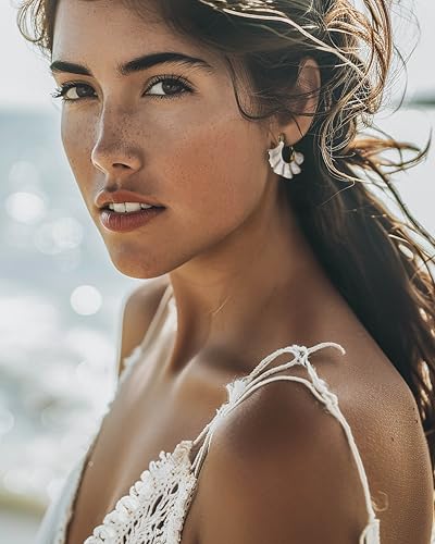 18K gold plated White Cream Enamel Flower Stud Statement Earrings for Women by SNGIA, Dainty Bold Retro Handmade Trendy Natural Sea Summer Boho Seashell Beach Fan Shape Summer Vacation Huggie Bohemian Jewelry Gifts Accessories3