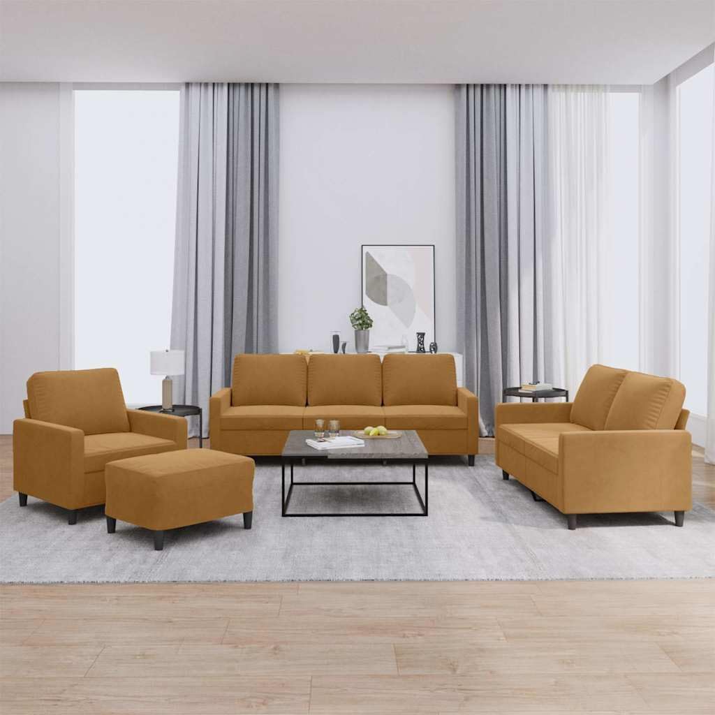 Juego de 4 sofás de terciopelo marrón – Moderno juego de sofá incluye 3 plazas, 2 plazas, sillón y reposapiés con 6 cojines – Elegante conjunto de sofá para salón y salón