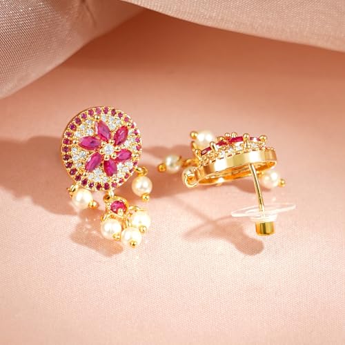 Image of Rubans Pearl Choker Necklace Set Ruby Pink Cubic Zirconia Bridal Wedding Jewellery Gift for Women & Girls