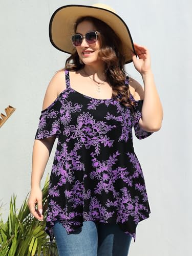Image of LARACE Cold Shoulder Tops for Womens Summer Clothes Spaghetti Strape Tunic Oversized Shirts Asymmetrical Plus Size Blouse
