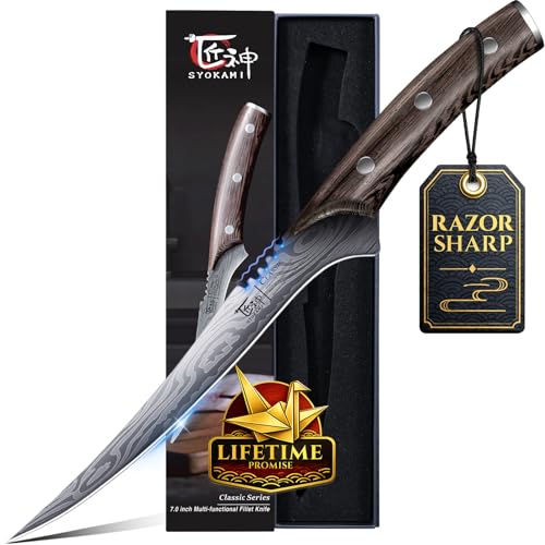 SYOKAMI Filetiermesser Rasiermesserscharf 18 3 cm Ausbeinmesser Hochflexibles Filetiermesser aus Hochkohlenstoff-Edelstahl mit Holzgriff Vollerl Damastmuster Anglermesser Geschenk für Männer