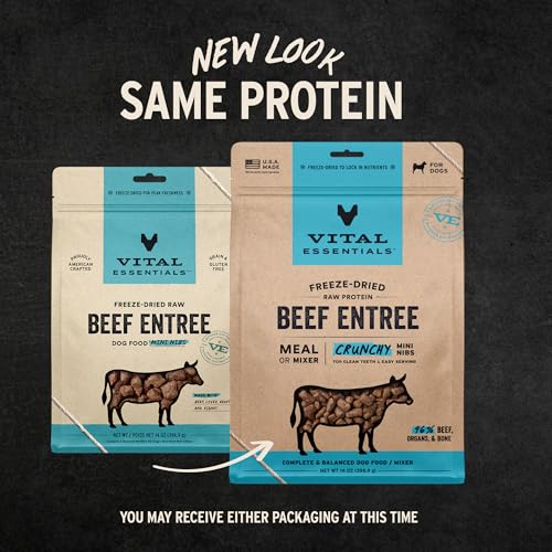 Image of Vital Essentials Freeze Dried Dog Food,Raw Beef Crunchy Mini Nibs | Complete Meal or Topper | 96% Beef,Organs & Bone-| Limited Ingredient,High Protein,Grain Free Dry Dog Food-| 14 oz Bag,(Pack of 2)