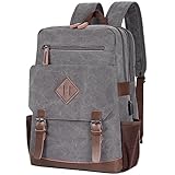 Modoker Vintage Backpack for Men Women, Canvas Bookpack Fits Most 15.6 Inches Computer and Tablets, Rucksack Backpack with USB Charging Port, Grey