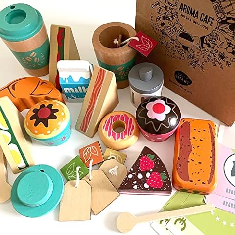 Wooden Play Food Coffee Shop for Children | Pretend Food Set Gift for Role Play Shop | Accessories for Toy Shop and Kitchen Playsets | Toy Shop Food Incl. Cakes | Pastries | Hot Drinks | Sandwiches Cover