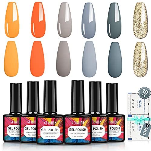 GERSHION Gel Nail Polish Set, 6 Colors Gel Polish Kit, Yellow Gray Gold Nail Gel Polish Colors with 10PCS Nail Remover Wraps, Soak Off UV LED Cured, 7.5ML Nail Art Manicure Kit Salon at Home H27