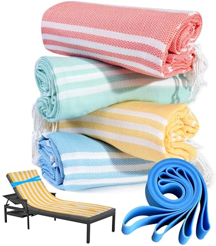 Image of 4 Packs Turkish Beach Towel Pool Swim Towels Set Bulk Soft Cotton Extra Large Sand Free Quick Dry Thin Lightweight Travel Vacation Essentials Cruise Accessories Must Haves Clearance Sandless Oversized