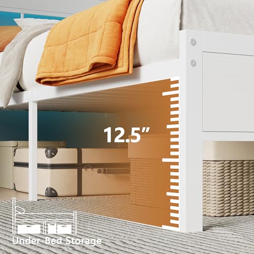 Image of Furnulem Queen Bed Frame with Storage Headboard and LED Lights, Metal Bedframe with Charging Station and USB Port, Queen Size Platform Bed with Heavy Duty Slats, No Box Spring Needed, White