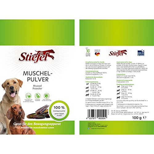 Stiefel Muschelpulver für Hunde, 100% naturbelassen, reines Naturprodukt aus neuseeländischer Grünlippmuschel, unterstützt den gesamten Bewegungsapparat, das Bindegewebe & die Gelenkfunktion, 100g