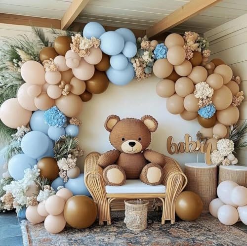 Blue Brown Nude Balloon Garland Double Stuffed Dusty Blue Coffee Pastel Balloon Kit for Teddy Bear Baby Shower Boy Birthday Gender Reveal Boho Theme Party Decorations