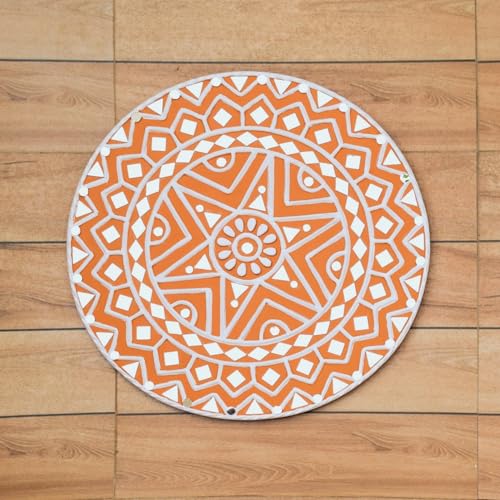 Image of Ethnics of Kutch Traditional Kutch Handicraft Mud-Mirrorwork Lippan Kam Wall Art (Water and Break Resistant) - Square (12 inch x 12 inch) - (Orange - LKT-0255)