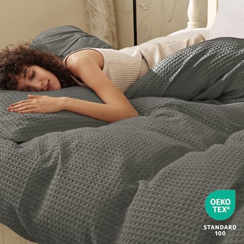 Image of PHF Waffle Weave Duvet Cover Set Queen Size, No Snagging Ultra Soft Luxury Textured Breathable Comforter Cover for All Season 3pcs, Durable Bedding Duvet Set with 2 Pillow Shams, 90 inchx90 inch, Grey