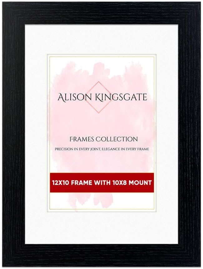 Alison Kingsgate 12X10 Black Picture Frame with Mount for 10X8 Photo - Engineered Wood Photo Frame with Precision Cut Cardboard Mount - Ideal for Photos, Posters & Artwork - Wall or Tabletop Display