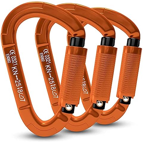 Carabiner Climbing Equipment, Pack of 3 UIAA Certified 25 KN Auto Locking Climbing Clips for Hammocks, Swing, Locking Dog Lead and Harness, Camping, Hiking & Utility (Orange) Cover