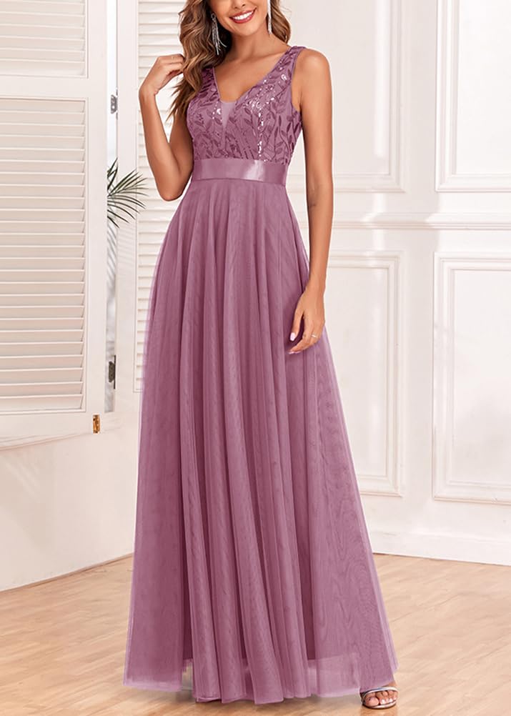 ORANDESIGNE Vestito da Sera Elegante Donna Lungo Vestiti Paillettes in Tulle Chiffon Abito Damigella d'Onore Vita Alta Formale Maxi Abiti da Cerimonia Linea ad A Stile Impero