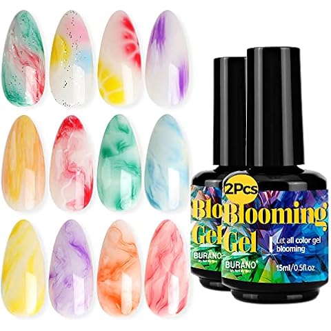 BURANO Nail Blooming Gel 0.5 Floz 2 Bottles - Gel Blossom Nails Clear Blooming Gel Nail Polish for Spreading Effect Cover