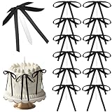 Teenyyou 12 Pcs Black Bow Ribbon Cake Toppers 5 x 7 Inches Satin Bowknot Cake Toppers Coquette Birthday Party Decorations for Wedding Graduation Bridal Baby Shower Bachelorette Party Supplies