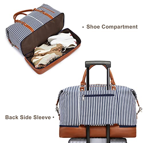 Image of S-ZONE Women Travel Duffel Weekender Carryon Shoulder Tote Bag Canvas PU Leather, B-Blue Stripe, Large, Fashion