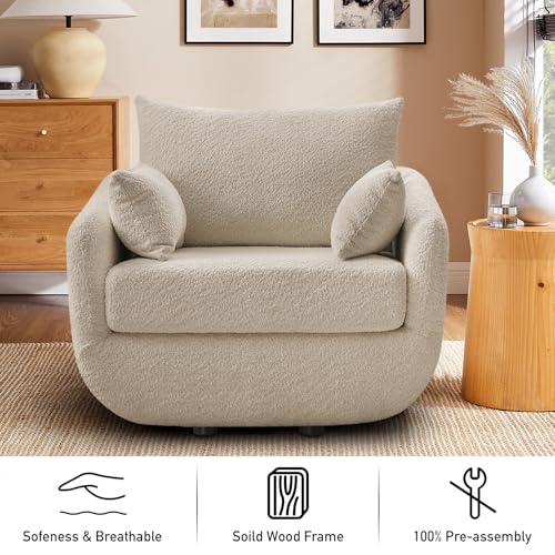 360° Swivel Accent Armchair, 39.3" Oversized, Camel | Sherpa Boucle Fabric Sofa Chair with Removable Back & Arm Pillows, Swivel Chair with Cozy Soft Padded - Image 4