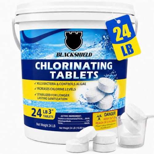 Image of BLACKSHIELD Chlorine Tablets, Stabilized Chlorinating Tab 3 Inch for Swimming Pools, Hot Tub & Spa, Kills Bacteria and Stops Algae, Slow Dissolving, Perfect for Small Pools, Made in USA, 24LB
