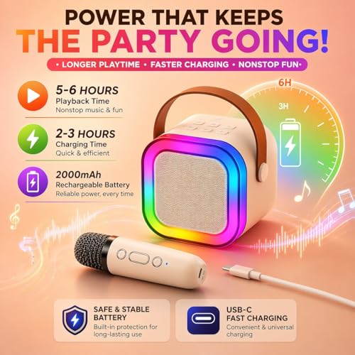 Image of One94Store Portable Bluetooth Speaker 10W with Wireless Karaoke Mic, Bluetooth 5.1, 8H Playtime, 5 Voice Change Effects, RGB LED Lights, TF Card Support, Type-C Charging, Mini Wireless Speaker-Pink