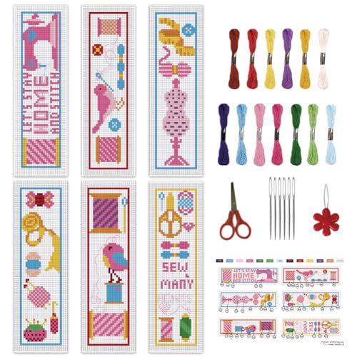 Image of INFUNLY 6PCS DIY Sewing Cross Stitch Bookmark Kits 8.66 inchx3.15 inch Sewing Tools Stamped Embroidery Bookmark Kits with Instruction Cotton Thread Needlepoint Bookmark Kit for Book Lovers Writers Gift
