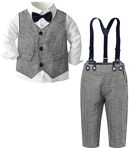 Image of SANGTREE Boys Tuxedo Outfits Suits, Button Up Formal White Bow Tie Shirt + Vest + Suspender Pants Wedding Party Clothes Set, 1# Grey, 3-9 Months = Tag 60