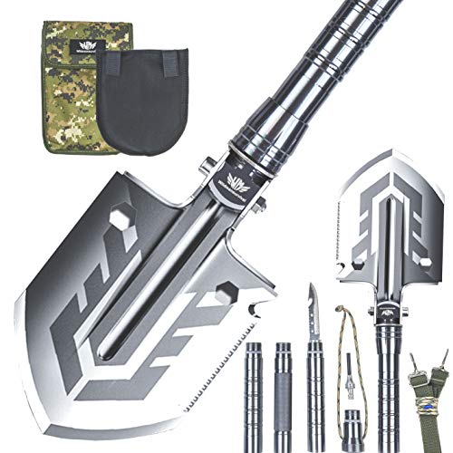Wildmansurvival Survival Shovel, Camping Shovel, Tactical Multitool Compact Lightweight Aluminum Handle w/Carrying Pouch, Multi-Use as Gift, Hiking, Emergency, Outdoor Adventures and More