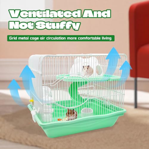 Image of 2-Tier Portable Hamster Cage and Habitats,Travel Metal Mouse Cages with Free Water Bottle,Houses and Exercise Wheel for Any Breed of Hamster and Small Animal (14.6x11.0x11.8inch Green)
