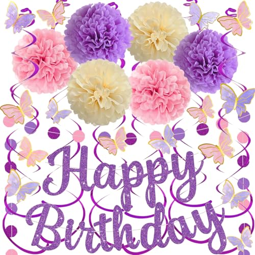 Image of Pink Purple Birthday Decorations, Happy Birthday Banner and Paper Pompoms, Hanging Swirls, Circle Dots Garland, Butterfly Stickers Cake Toppers for Girls Women Party Decorations