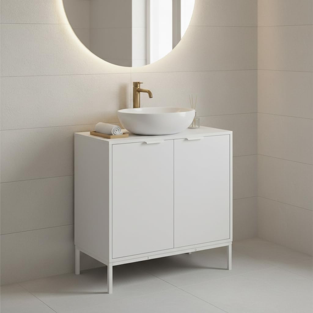 INDE MOBLEKIT | Mueble Bajo Lavabo 60×30×60 cm, Armario de Madera y Metal con Doble Puerta y Acabado Mate, Mueble Auxiliar para Baño con Espacio de Almacenaje para Artículos de Higiene