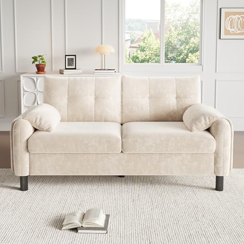 Ligterra Sofá con función de dormir, sofá de 2 plazas, cómodo sofá tapizado de tela de chenilla con cojines gruesos, sofá acogedor para salón, dormitorio, apartamento pequeño, beige
