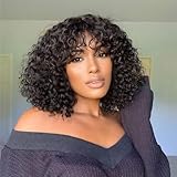 NICMISS Short Curly Bob Wig Human Hair with Bangs Glueless Bob Wigs for Black Women 180% Density Brazilian Bob Wig with Bangs Human Hair Machine Made Black, 12 Inch