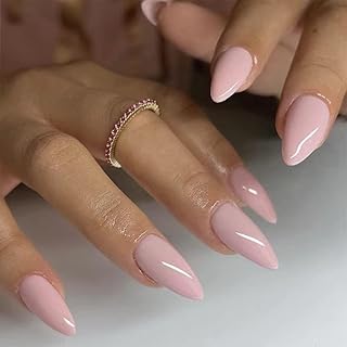 24Pcs Pink Press on Nails Almond, Solid Color Fake Nails Short False Nails with Glue Acrylic Nails Full Cover Glue on Nails Glossy Stick on Nails For Women Girls