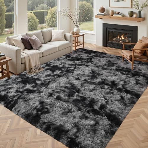 5x7 Black Grey Rugs for Living Room Fluffy Area Rug,