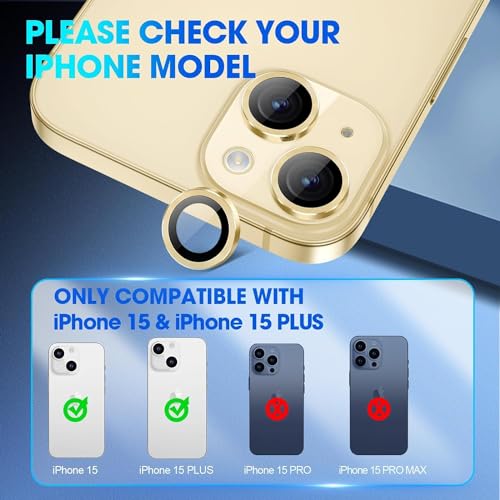 Image of Skinomi Camera Lens Protector Compatible with iPhone 15 plus [Anti-Scratch] Premium Tempered Glass Film Aluminum Alloy Lens Ring Cover, Yellow Titanium